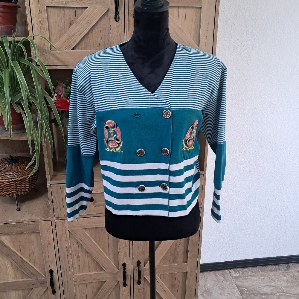 Vintage Folette Line Jacket Green Striped Double-Breasted Embroidered Nautical